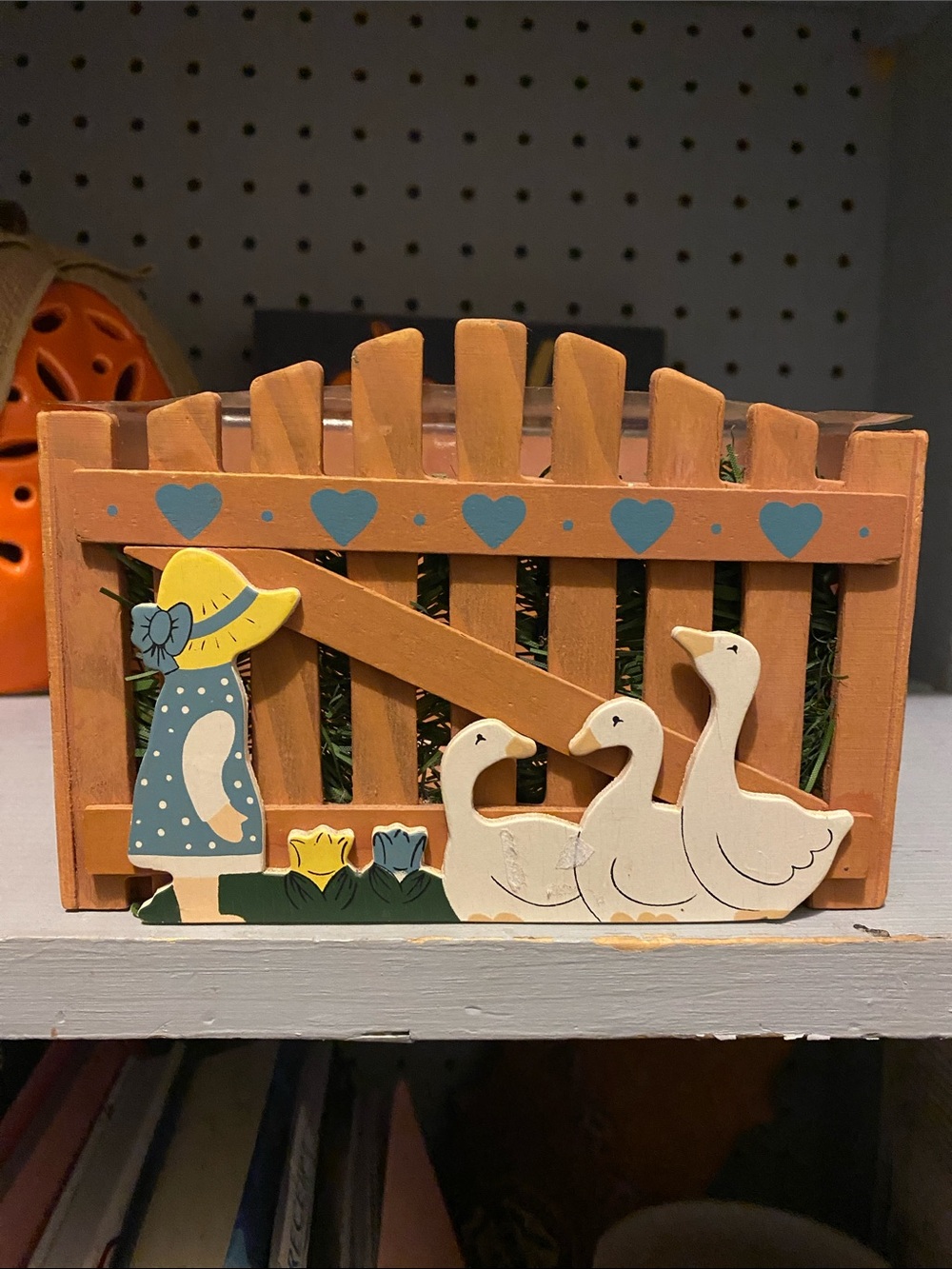 VTG FTDA Wooden Garden Fence Planter with Girl and Geese Country Hearts Cottage
